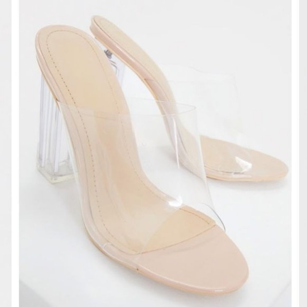 !! RESTOCKED !! Transparent Peep Toe Block Mule Heels in Nude - Picture 5 of 9